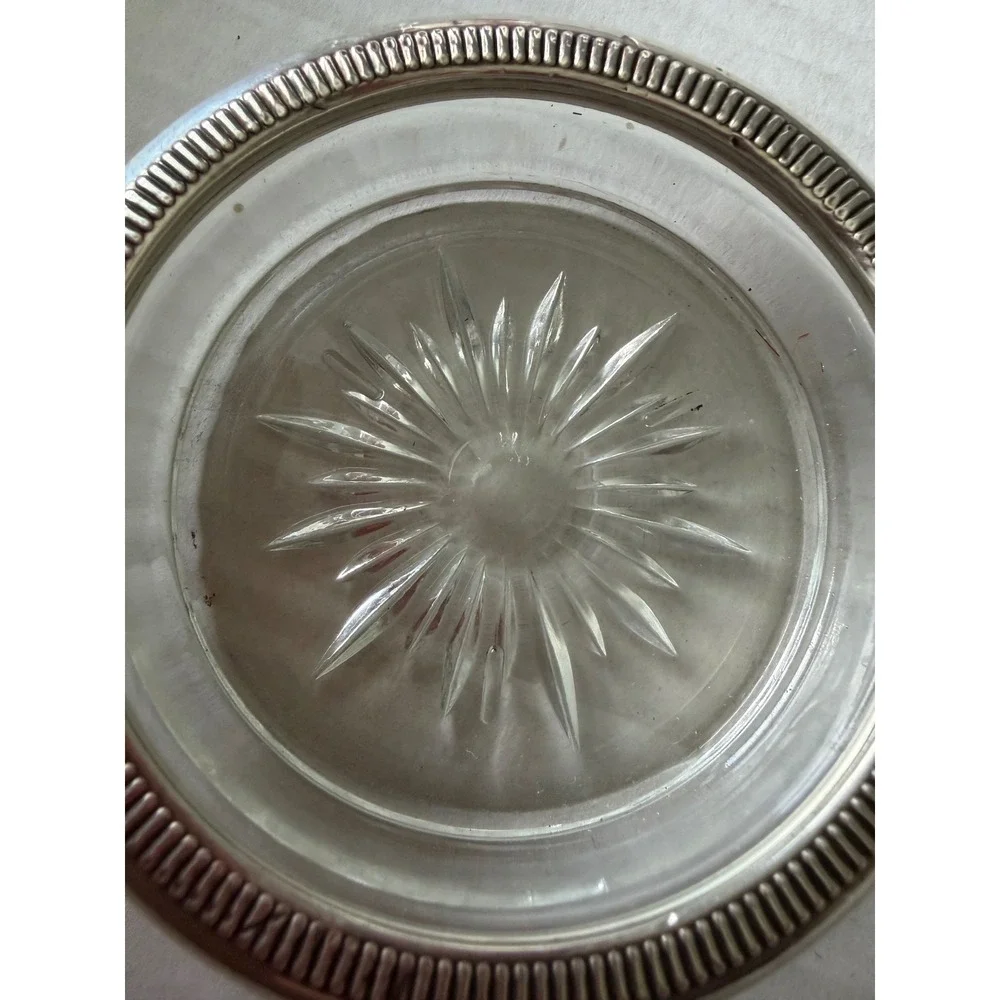 Vintage Sterling Silver Rim Glass Coasters Starburst Set of 2 Gadroon Edge